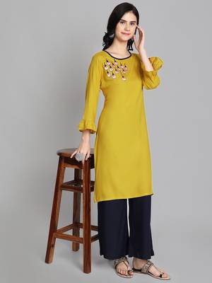 Golden rayon embroidered kurti with plazzo 5