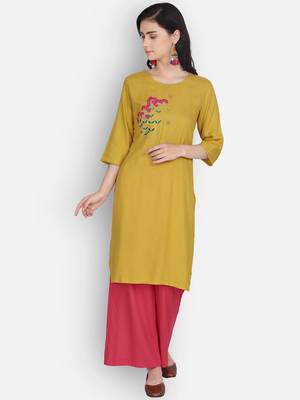Golden rayon embroidered kurti with plazzo 1