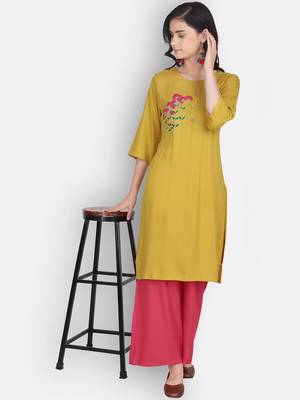 Golden rayon embroidered kurti with plazzo 5