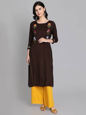 Brown rayon embroidered kurti with plazzo 1