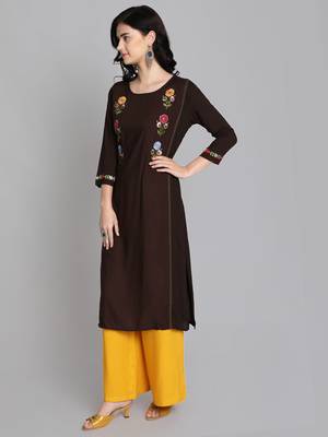 Brown rayon embroidered kurti with plazzo 3