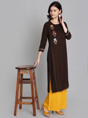 Brown rayon embroidered kurti with plazzo 5
