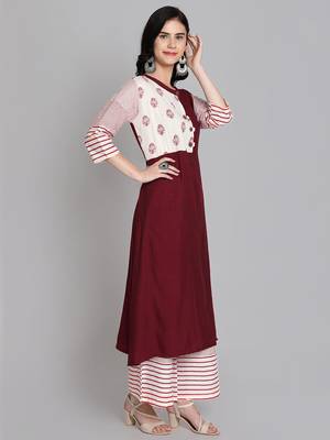 Maroon rayon printed kurti with plazzo 3