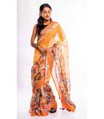 Unitex Fashion orange printed linen saree with blouse