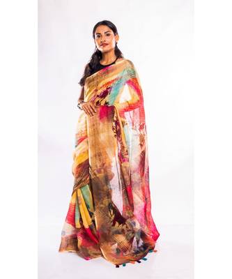 Unitex Fashion multicolor printed linen saree with blouse 1