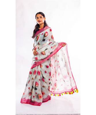 Unitex Fashion multicolor printed linen saree with blouse 1