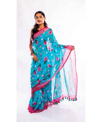Unitex Fashion blue printed linen saree with blouse 1