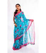 Unitex Fashion blue printed linen saree with blouse
