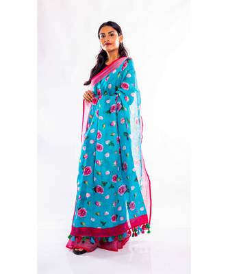 Unitex Fashion blue printed linen saree with blouse 2