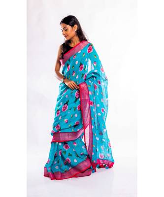 Unitex Fashion blue printed linen saree with blouse 3