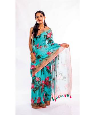Unitex Fashion turquoise printed linen saree with blouse 1