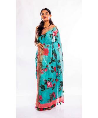 Unitex Fashion turquoise printed linen saree with blouse 2