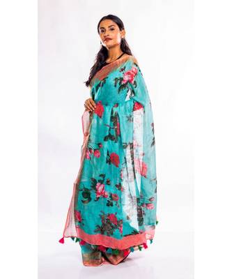 Unitex Fashion turquoise printed linen saree with blouse 3