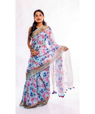 Unitex Fashion purple printed linen saree with blouse 1