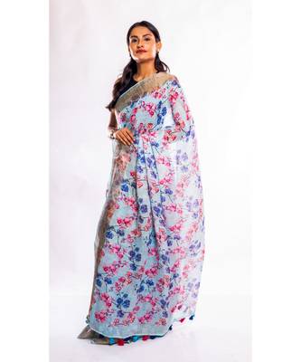 Unitex Fashion purple printed linen saree with blouse 2
