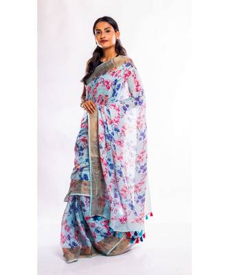 Unitex Fashion purple printed linen saree with blouse 3
