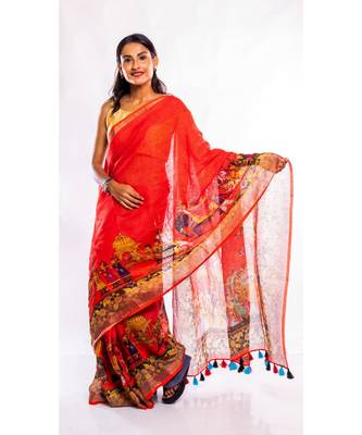 Unitex Fashion red printed linen saree with blouse 1