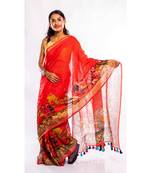 Unitex Fashion red printed linen saree with blouse