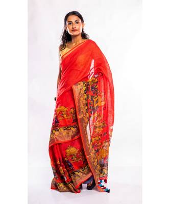 Unitex Fashion red printed linen saree with blouse 2