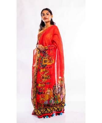 Unitex Fashion red printed linen saree with blouse 3