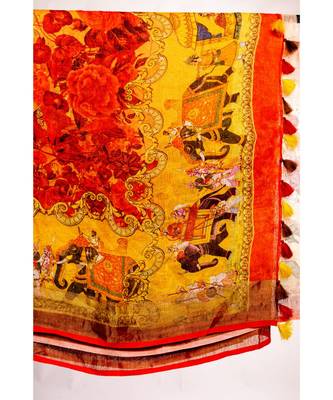 Unitex Fashion red printed linen saree with blouse 4