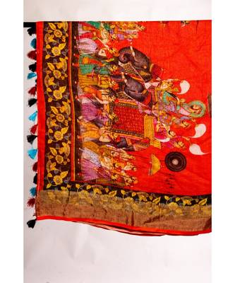 Unitex Fashion red printed linen saree with blouse 5