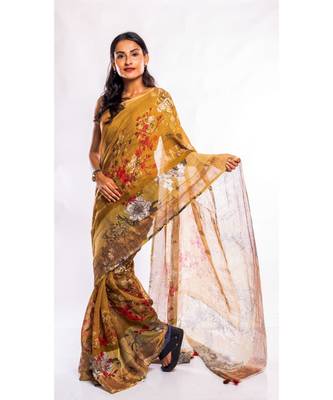 Unitex Fashion multicolor printed linen saree with blouse 1