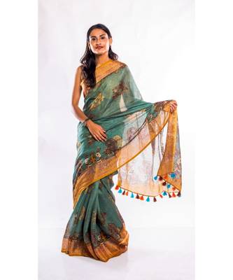 Unitex Fashion green printed linen saree with blouse 1