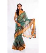 Unitex Fashion green printed linen saree with blouse