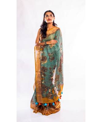 Unitex Fashion green printed linen saree with blouse 2