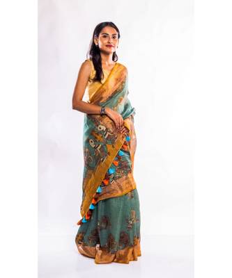 Unitex Fashion green printed linen saree with blouse 3