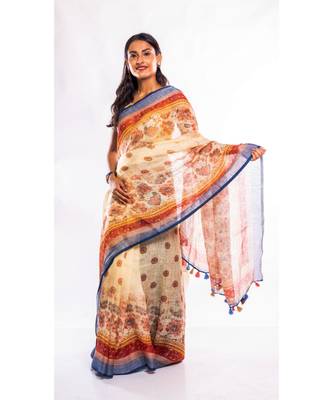 white printed linen saree with blouse 1