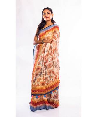 white printed linen saree with blouse 2