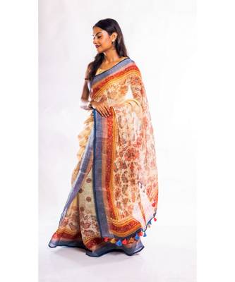 white printed linen saree with blouse 3