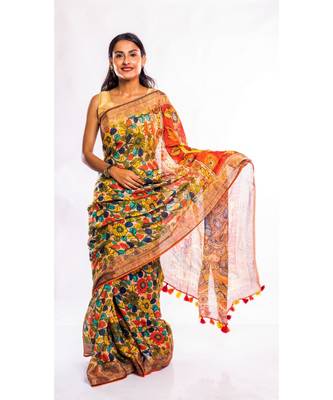 multicolor printed linen saree with blouse 1