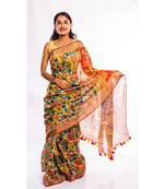 multicolor printed linen saree with blouse