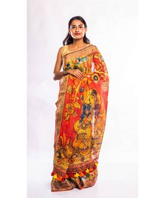 multicolor printed linen saree with blouse 2