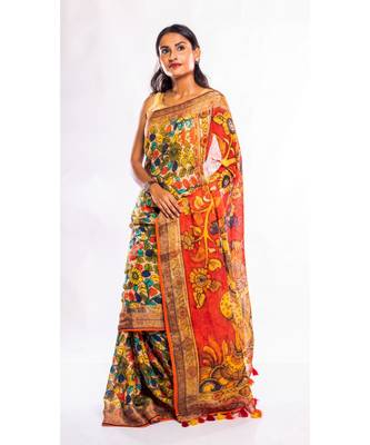 multicolor printed linen saree with blouse 3