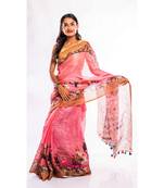 Unitex Fashion pink printed linen saree with blouse