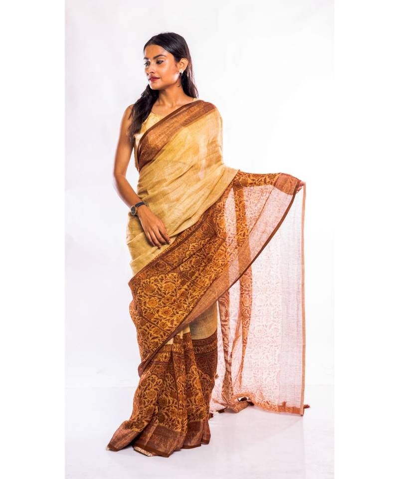 beige printed linen saree with blouse