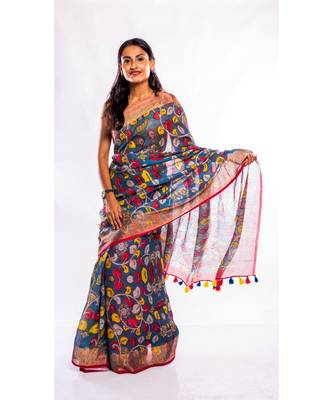 multicolor printed linen saree with blouse 1