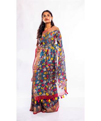 multicolor printed linen saree with blouse 2