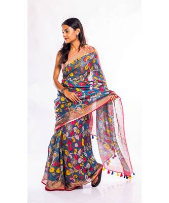 multicolor printed linen saree with blouse 3