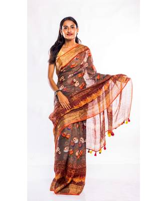 Unitex Fashion grey printed linen saree with blouse 1