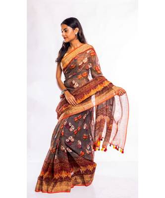 Unitex Fashion grey printed linen saree with blouse 2