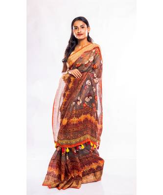 Unitex Fashion grey printed linen saree with blouse 3