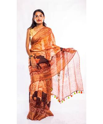 Unitex Fashion beige printed linen saree with blouse 1
