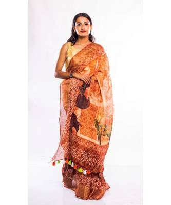 Unitex Fashion beige printed linen saree with blouse 2