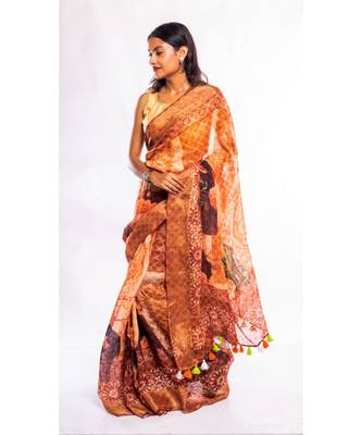 Unitex Fashion beige printed linen saree with blouse 3