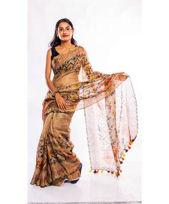 Unitex Fashion brown printed linen saree with blouse 1